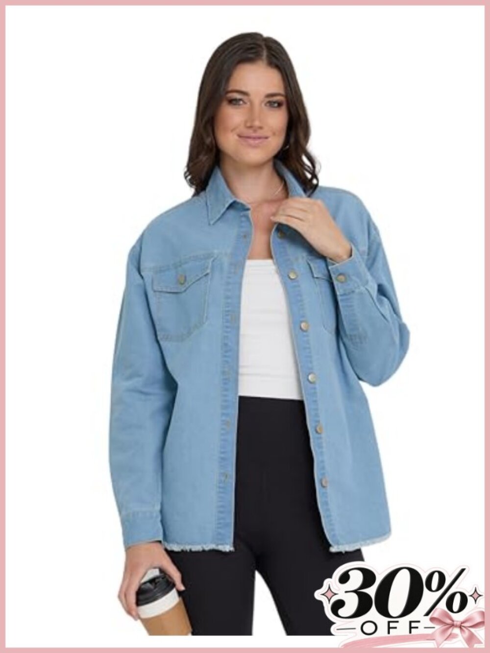 Oversized Denim Button Down Shacket Women 100% Cotton Hooded Long Sleeve